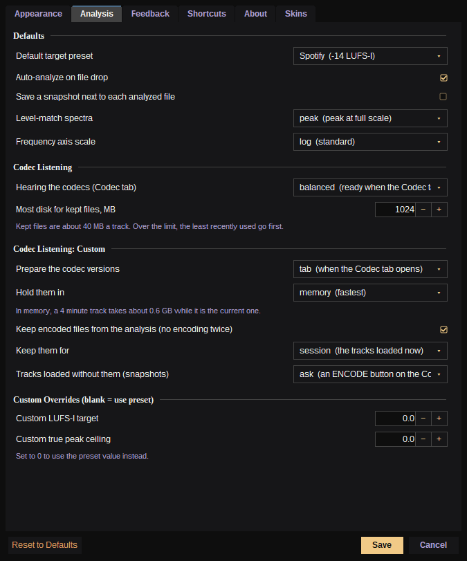 Settings: Analysis